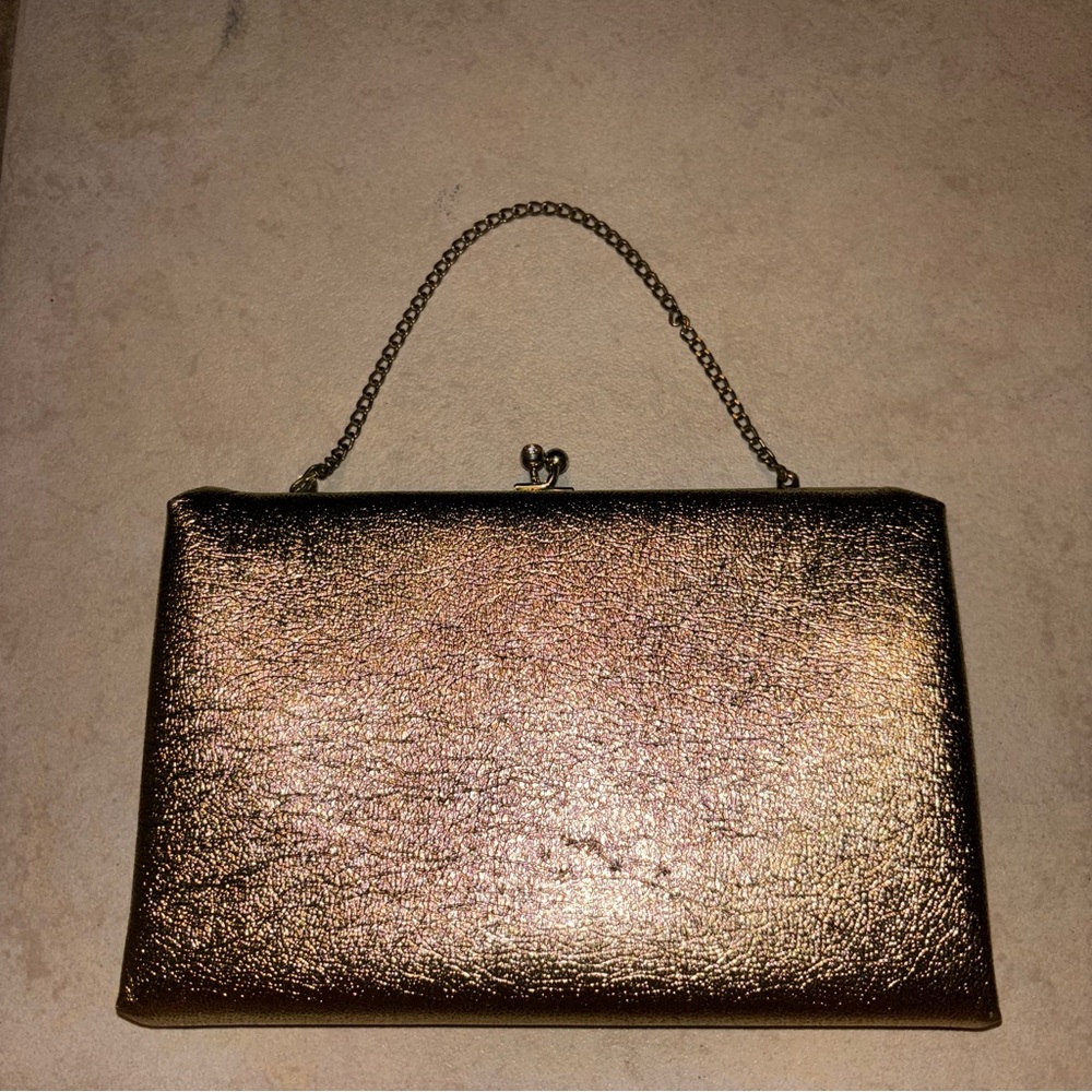 Vintage After Five Metallic Gold Evening Top-Handle Clutch Crystal Kisslock